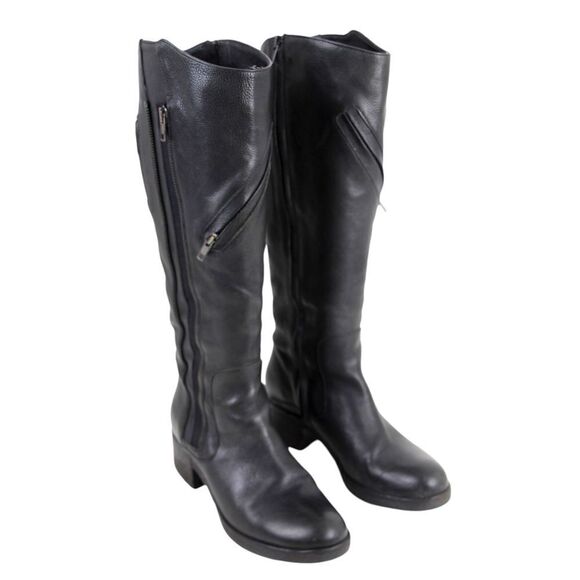 Vera Wang BLACK GENUINE LEATHER TALL MID HEEL RIDING BOOTS MOTO SHOES SIZE 8M - Picture 1 of 11